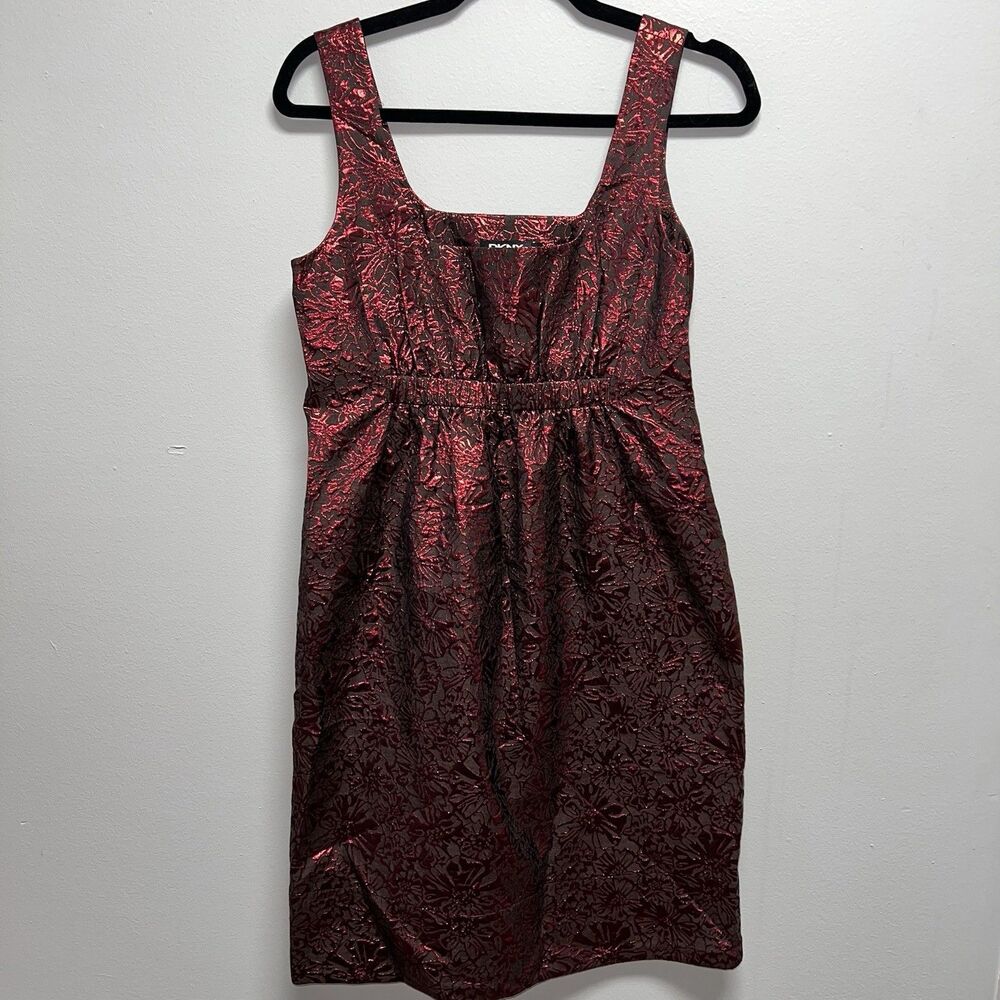 DKNY metallic red and black brocade dress women’s size 6 small peplum